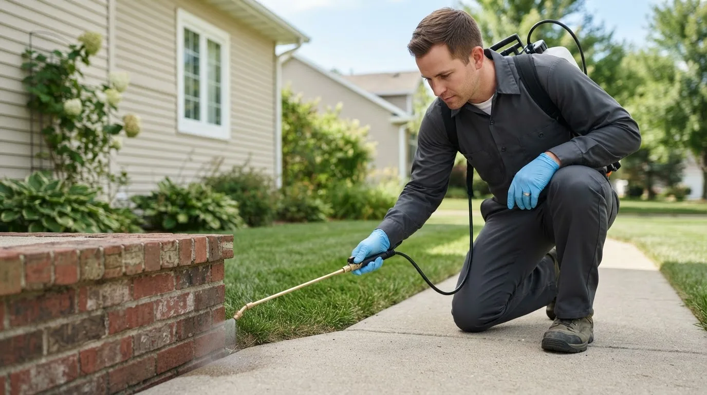 Pest control technician treating a home near Baldwinville, MA