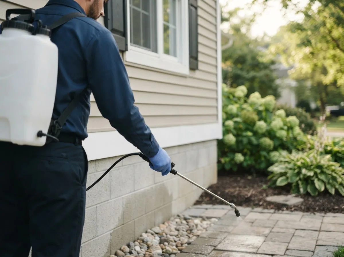 Pest control technician inspecting a home in Baldwinville, MA